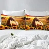 Bettwäsche-Set, braunes Pferd, Bettbezug-Set, Twin-Größe, für Kinder, Erwachsene, Zimmerdekoration, moderne Sonnenblume mit Sonnenuntergang