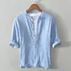 Magliette da uomo Camicia di lino in cotone Uomo Donna 2023 Primavera Estate Cachi con scollo a V T-shirt a maniche corte sottili a righe T-shirt casual traspiranti