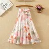 Saias 2023 Mulheres Primavera Verão Elegante Pleated Faldas Lace feminino Up Cintura alta Chiffon Midi Salia Lady Lady Casual Floral Print F486