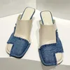 2023 Luxury Ladies High Heel Slippers Square Toe Formal Dress Shoes Leahter Patchwork Denim Sandals Summer Party Shoes Women