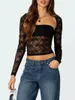 Mulheres camisetas Mulheres Floral Lace Crop Top Y2K Trim Manga Longa Pescoço Quadrado Tubo Bolero Set Saindo Shrug Camisa Blusa