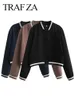 TRAFZA Dames Vintage Solid Crop Jacket Lange mouw Knopjassen Slanke Patchwork Baseball Lente Vrouwelijke Casual Streetwear 231120