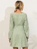 Casual klänningar binds front över hela utskriften vintage för kvinnor sommar elegant a-line v hals lång lykta ärm hög midja utblåst 230421