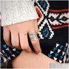 Band Rings Bohemia Stone Inlaid Finger Joint Ring For Women Antique Engraving Geometric Pattern Female Statement Party Weddi Dhgarden Ot8Wu