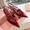 Burgundy Low Heel Women's Patent Leathe Slingback is decorated with black clasp Luxury Designer Dress shoes 3cm Fashion Ankle Strap Kitten Heel Sandals Evening shoes