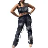 Women's Two Piece Sets Tie Dye Print Strapless Bra Tops And High Waist Fringe Bodycon Long Pant Tracksuits