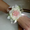 Dekorativa blommor 1pc brud eller brudtärna blommor handled corsage artificiell siden öppen ros med flexibelt band för prom bröllopsfest dekor