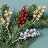 Flores decorativas 1/20 ramos glitter 14 cabeças frutas artificiais ramo buquê vermelho holly berry estame planta festa de natal decoração de casa