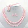 Necklace Earrings Set Charm 2 Rows 8mm Pink Pearl For Women Including Bracelets And 3 Piece Wholesale Girl's Birthday Gift