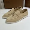 Dress Shoes Suede Women Loafers Summer Walk Moccasins Leather Tassel LP Flat Metal Lock Fittings Slip On Causal Dark khaki 230421