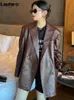 Damesjassen Lautaro Herfst Oversized Glanzend Paars Patroon Kunstleer Blazer Dames Lange Mouw Double Breasted Y2K Jas Mode 231121