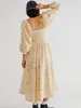 Casual Dresses Women's Flower Embroidered Maxi Dress Lantern Sleeve Square Neck Tiered Flowy Spring Fall Elegant Beachwear