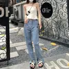 Jeans pour femmes Femmes Lâche Mode Harajuku Street Denim Pantalon 2023 Taille haute Love Print Straight Blue Retro Mopping Pantalon Split Ends