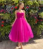 Fuchsia-Abschlussballkleider, Rüschen, Spaghettiträger, Tee-Länge, Tüll, Übergröße, für formelle Anlässe, Abendparty-Kleid HD1010