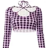 Women's T Shirts Sexy Polka Dots Criss-Cross Long Sleeve T-shirt For Women Hanging Neck Elastic Skinny Hollow Out Crop Tops Stretchy Fashion