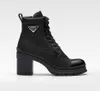 Woman Ankle boot Winter Knight Martin boots Luxury Designer Brushed shoes Leather And Nylon Fabric Ankle Boot Triangle-logo black block heeled lace up 35-42Box