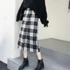 Jupes une ligne Plaid étudiant mi-mollet femmes longue Vintage marron jupe fendue bureau dame taille haute filles automne hiver