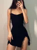 HOUZHOU Sexy Black Women Summer Bodycon Spaghetti Strap Mini Dress Sleeveless Irregular Vintage Streetwear Ruffle Sundress