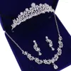 Halsbandörhängen Set Luxury Cubic Zircon Leaf Bridal Rhinestone Crown Tiaras for Bride African Pärlor