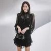 Casual Dresses Lantern Sleeve Sexy Mesh Dress Half High Collar Solid Black White Mini Short Autumn And Winter For Women