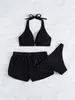 Kvinnors badkläder Kvinnor Swimsuit Bikini 2023 Tre stycken Solid Black High midjebaddräkt Kvinnliga shorts Summer Bikinis Set Beach