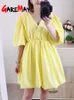 Casual Dresses Casual Short Summer Dresses for Women Sexy V Neck Green Mini Women's A-Line Dress White Puff Sleeve Vintage Party Dresses 230420