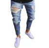 Trous pour hommes Jean Biker Skinny Zipper Design Long Denim Bleu Jeans Pantalon Pantalon Déchiré