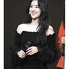 Kvinnors blusar Kpop Korean Celebrity Streetwear Elegant One Word Collar Strapless Shirts Pullover Tops Women Sexig backless långärmad