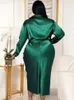 Robes de grande taille chemise en satin vert col rabattu manches longues Midi Cocktail paquet irrégulier tenues de hanche pour les femmes