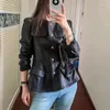 Women's Leather Coat Mid-length Collect Waist Jackets Female Sheepskin Vintage Gold Buckle Round Neck Black/White Casacas Mujer