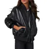 Women's Leather Women Faux Shirt Jacket With Pockets Moto Biker Coat Solid Color Long Sleeve Jackets Motorcycle Streetwear