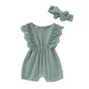 Rompers Summer Baby Girl Rompers Född babykläder Toddler Flare Sleeve Solid Lace Design Romper Jumpsuit med pannband 230421