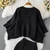 Zweiteiliges Kleid Herbst Winter Koreanische Frauen Gestrickte 2-teiliges Set Fledermausärmel Lose Oberteile Dünner, Figurbetonter Rock Weiblicher Pullover Anzüge 230421