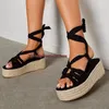 Sandals Black Rope Flat Platform Lace Up Round Toe Weave Braid Wedge Espadrille Casual Summer Shoes Size42