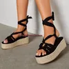 Sandali in corda nera con plateau piatto con lacci punta tonda intrecciata espadrillas con zeppa intrecciata scarpe estive casual taglia42