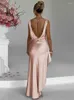 Vestidos casuais estiramento cetim backless split maxi vestido mulheres v pescoço sem mangas irregular ruffle clube festa sexy noite elegante