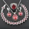 Necklace Earrings Set Silver Color Jewelry For Women Gift Red Cubic Zirconia Ring Earring Bracelet Wedding QS0164