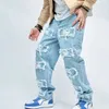 Mens Jeans Open Front Patch Hip Hop Loose Pants Straight Denim Trousers 231112