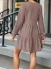 Casual Dresses Autumn Winter V Neck Long Sleeve Mini Dress Women's Fashion Solid Patchwork Loose A-line Elegant Ladies Clothing