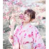 Etniska kläder kvinnors japanska traditionella kimono rosa färg blommor tryck formell yukata pografi lång klänning cosplay kostym