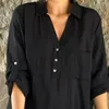 Women's Blouses Spring Autumn Lapel V-neck Shirt Tops Buttons Half Placket Patch Pockets Loose Fit Solid Color Pullover