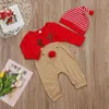 Rompers Noel sevimli bebek çocuklar kız bebek erkek kızlar romper şapkalar 2pcs geyik patchwork kırmızı tulumlar romper 231120