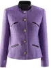 Jackets femininos 2023 Designer de moda Autumn Winter Tweed OutWear Women Stand pescoço de peito de peito longo Longo Slim Purple Casat