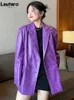 Vestes Femmes Lautaro Automne Surdimensionné Brillant Violet Motif Faux Cuir Blazer Femmes À Manches Longues Double Boutonnage Y2K Veste Mode 231121