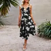 Casual klänningar kvinnor fashionabla sommarklänning wrap v nack ärmlös boho blommig spaghetti rem en linje flytande strand sundress med bälte