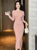 Casual Dresses French Style Prom Dress For Women 2023 Quality Stretch Folds Skinny Bodycon Gown Pink Red Long Robe Femme Simple Clothes