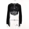 Women's T Shirts Gothic Black Flare Sleeve Corset Crop Tops Women Aesthetic Sexy Velvet Lace Mesh T-Shirts Y2K Harajuku Hooded Vintage