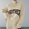 Women's Two Piece Pant Crew Neck Pullover Letter Pattern Ladies Long Sleeve Vintage Warm Loose Fit Oversized Vacation Outfit 231121