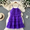 Casual Dresses 6 Colors Fashion Yellow Pink Green Mini Fairy Dress Sexy Pleated Mesh Ruffles Cake Summer Holiday Sleeveless Sling