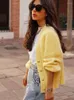 Suéteres de mujer Punto amarillo elegante suave mujer cardigan solo pecho con cuello en v linterna manga suéter jumper otoño chic casual dama